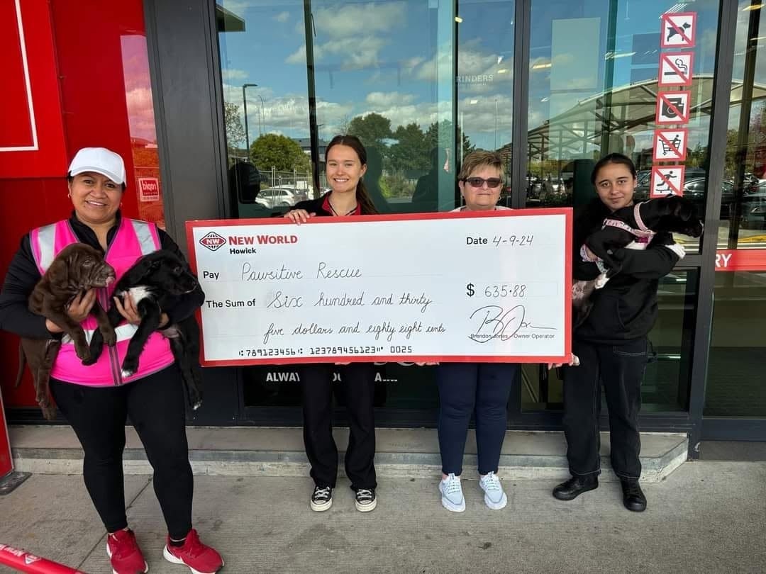 New World Howick presenting a $635.88 cheque donation to Aotearoa Animal Refuge volunteers holding puppies